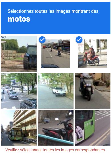 un captacha demandant de sélectionner les images contenant des motos, mais on peut y opbserver uniquement des scooters et est donc impossible remplir correctement si on veut rester pointilleux.