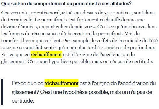 Capture d'écran d'un paragraphe d'un article du nouvelliste où un géologue de l'Université de Lausanne informe sur les liens entre réchauffemenrt climatique, évolution des glaciers, et catastrophe de Blatten 