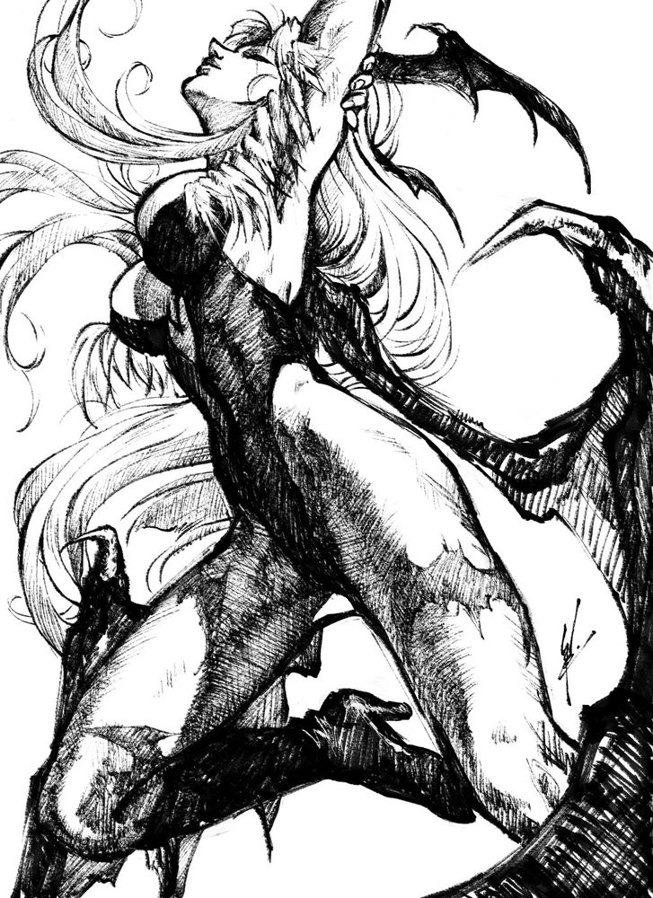 Ink sketch of Morrigan from Darkstalkers.