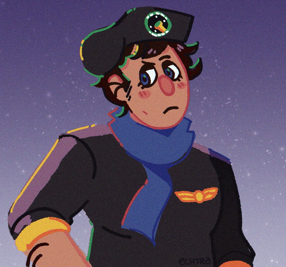 Artwork of a man in space military uniform, including a beret with an emblem and a blue scarf. He has short, dark brown hair and steely blue eyes. He looks off to the right (viewer's left), looking quizzical.