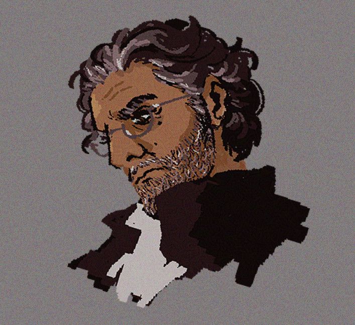 Art of an older gentleman with wrinkled brown skin dotted with moles. His hair is thick, dark and greying, pushed back but wavy and threatening to fall into his face. He has stern brown eyes and bushy eyebrows, a large strong nose and long salt and pepper stubble. His expression is surly.