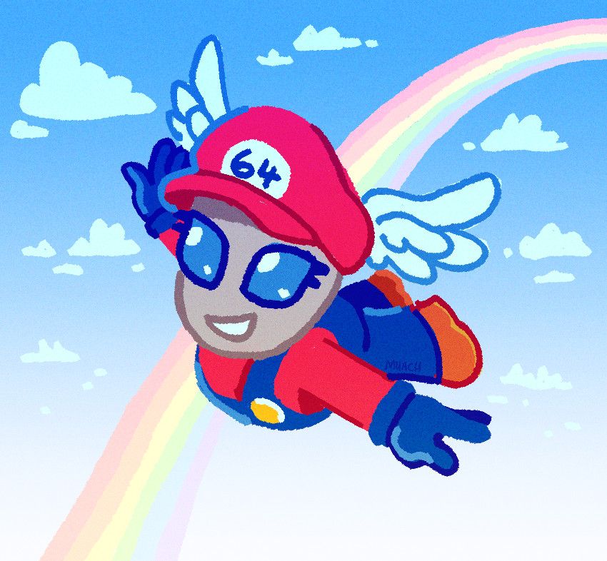 Serene scene of a a little grey alien with big blue eyes in the super mario 64 flying render pose. shes flying in the sky with a rainbow behind her