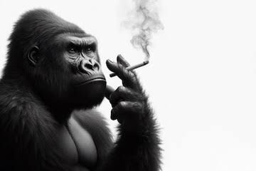 Gorila fumando um cigarro. Imagem em preto e branco.