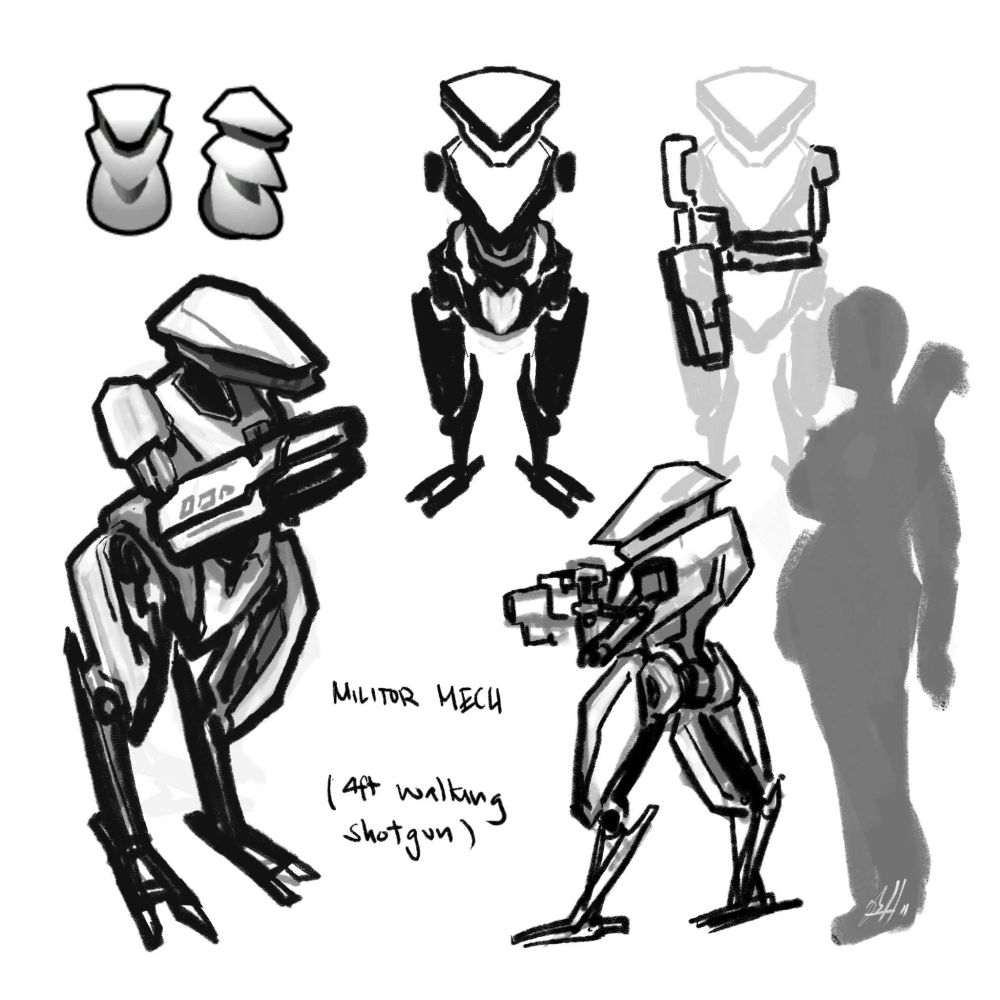 illustrated interpretation of a small robotic being literally armed with a shotgun