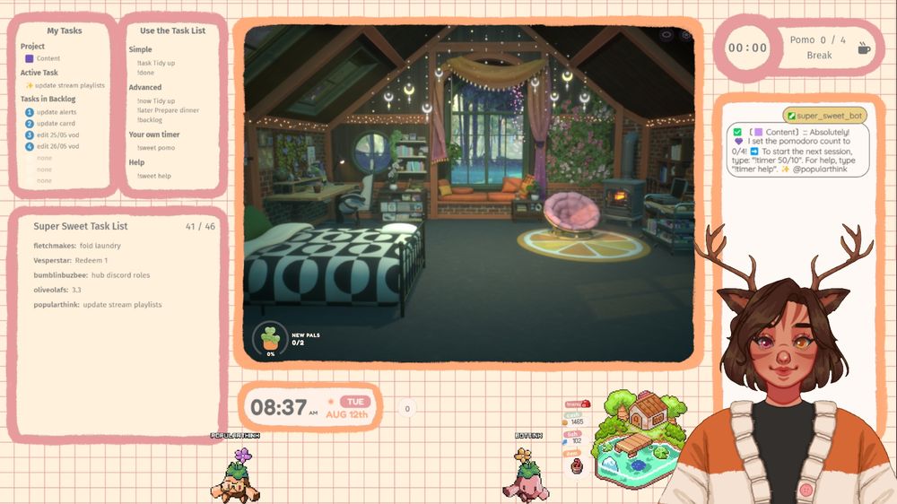 A screenshot of popularthink's co-working overlay. The overlay consists of a light orange, almost white, background, with pink gridlines, and a set of orange and ping hand drawn borders around various widgets and screen captures. 
From left to right, down the left is a set of super sweet bot widgets (the info panels and task list), then right of this is a capture of Spirit City Lofi with a time widget (showing the time in Pop's timezone) and Fishphone underneath. To the right of this (from top to bottom) is the Super Sweet Bot timer, and below is a chat window and Pop's PNG Tuber. Running along the bottom of the screen are a set of Stream Avatars (made by SailorSchai). 