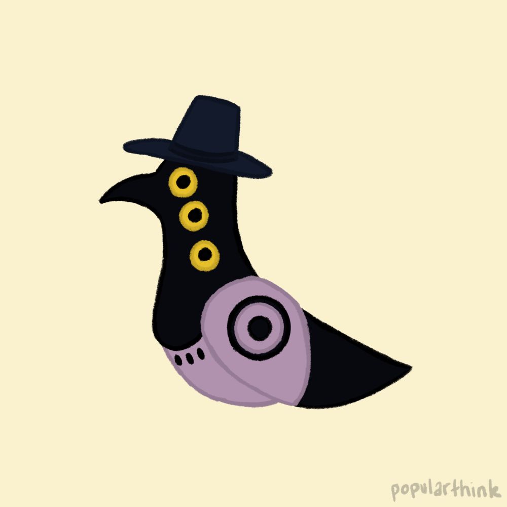 Fan art by popularthink of the magpie from KPop Demon Hunters. It is the body of the magpie (without legs). The magpie is a combination of dark purples, with lighter purples on the wing. They are wearing a dark blue hat. They are on a light yellow background.  