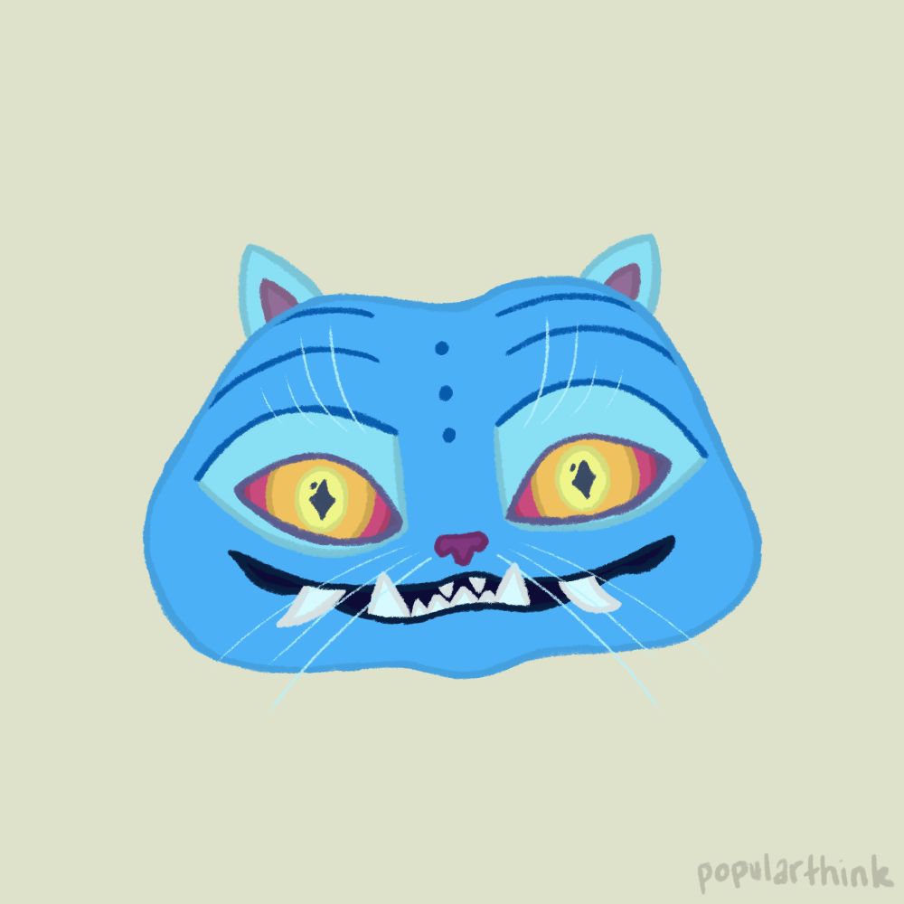 Fan art by popularthink of the tiger from KPop Demon Hunters. It is just the head over a light green background. The tiger is blue, with lighter blue accents, with orange and pink eyes. 