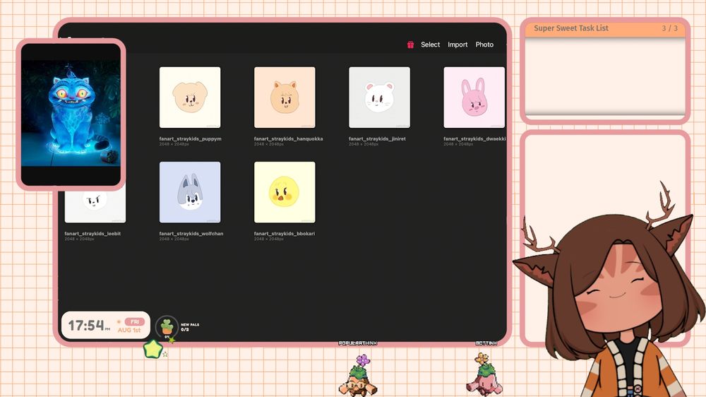 A screenshot of popularthink's art stream overlays. The background is a very light orange (almost white) with orange gridlines. In the top left is a window with a reference image of Derpy Tiger from KPop Demon Hunters. There is a larger window showing the capture of Pop's iPad, it is showing Procreate with a collection of Skzoo Fanart. Down the right is a co-working task list and a box for chat messages. Pop's vtuber model is in the bottom right, and their stream avatars are running along the bottom of the screen. 