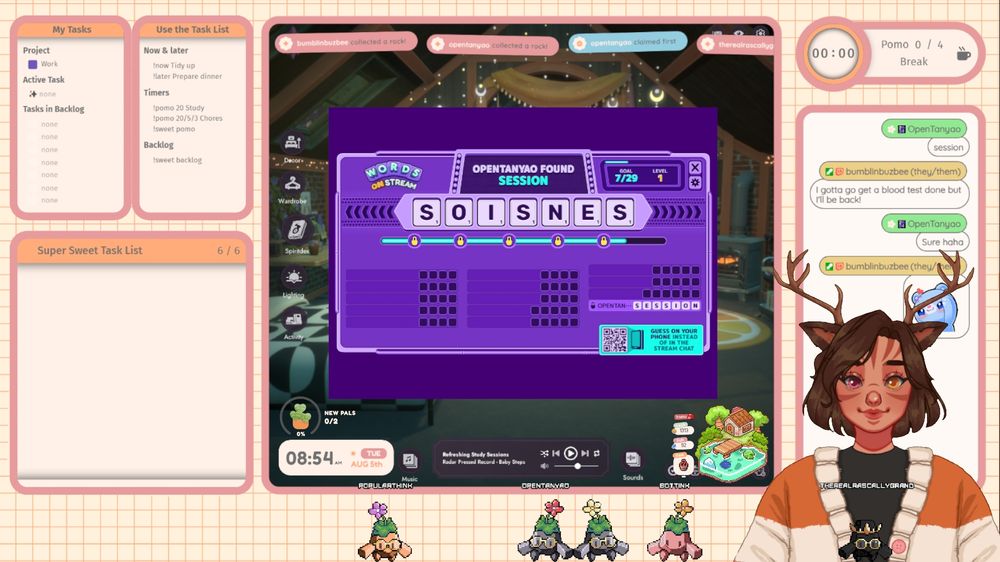 A screenshot of popularthink's co-working stream overlay. Starting in the left side of the screen is the Super Sweet Bot "My Tasks" & "Info" panels, and beneath these is the community task list. To the right of these is a larger window that shows Spirit City Lofi (with Words on Stream over the top). There is a follower goal widget, time widget, and fishing widget within this window as well. Then to the right of that window is the Pomo timer, chat box, and Pop's PNGTuber. Running along the bottom of the screen are our community stream avatars.