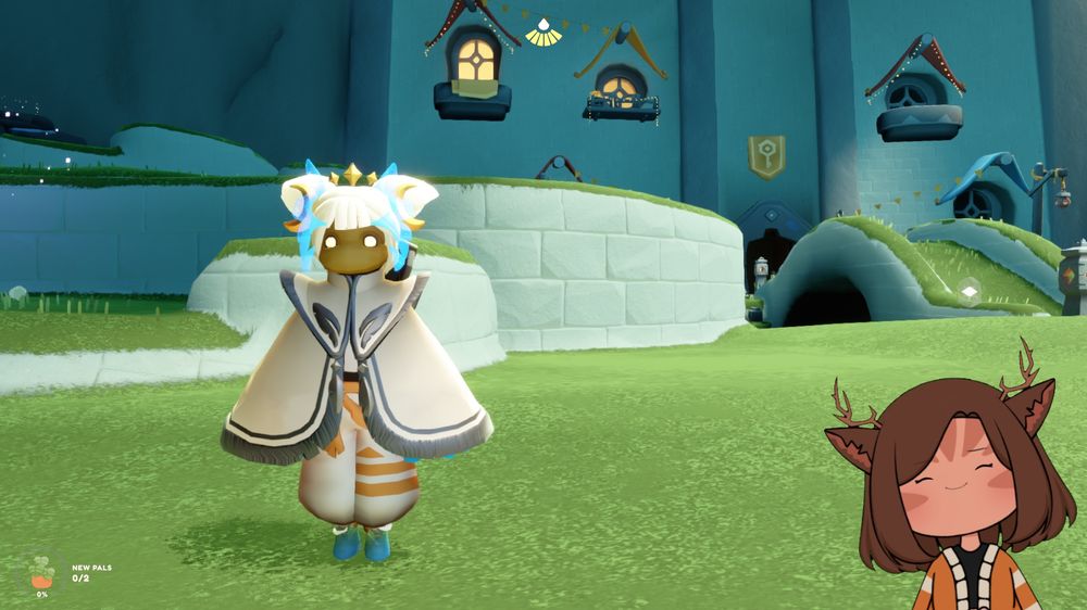 A screenshot of popularthink's gaming stream overlays. They are playing Sky: Children of the Light, with the Sky Kid standing right of centre outside of the nest building. Pop's VTuber model is in the bottom right, and in the bottom right is a follower goal widget. 