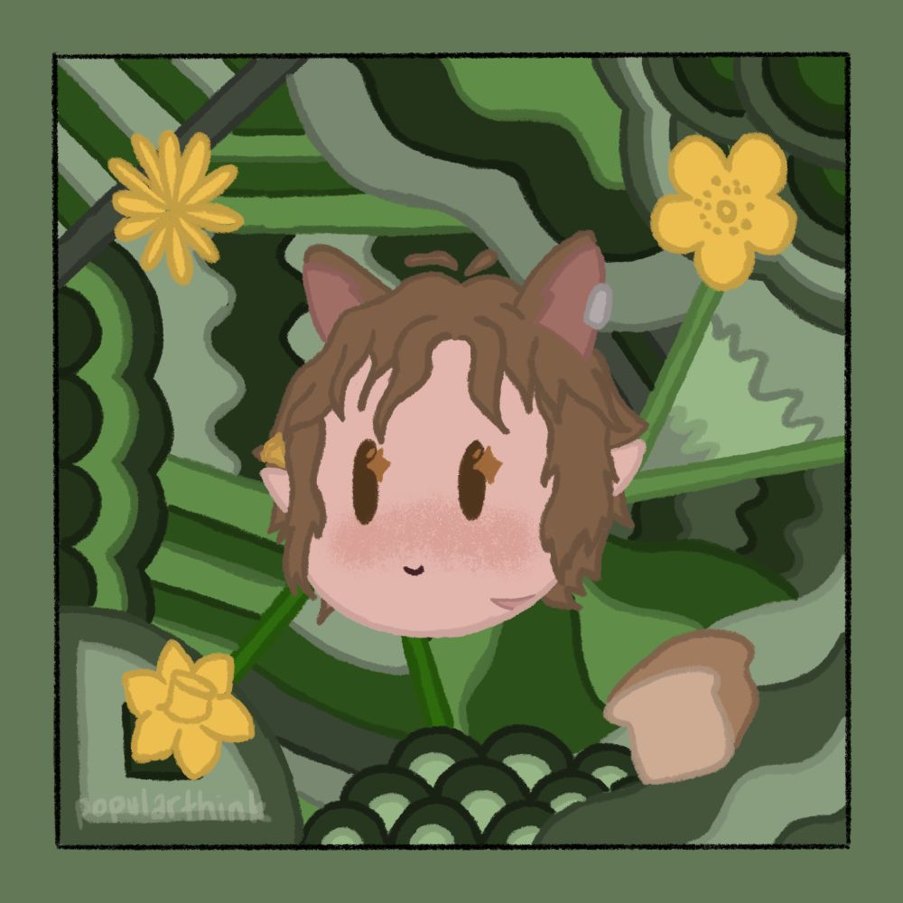 An artwork by popularthink of buttercupgrove’s OC Bertie. The background is green with geometric patterns in various shades of the same green. There are yellow wildflowers in the top left, top right, and bottom left, and in the bottom left corner is a loaf of bread. The character is in the centre with brown hair, lighter brown eyes! 