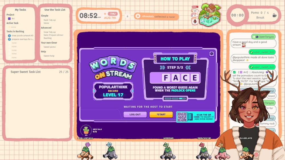 A screenshot of popularthink's co-working overlay. The background is a very light orange, almost white, with light pink gridlines. There are a set of hand drawn boarders around each widget that are either orange or pink. 

From left to right:
On the very left of the screen are the Super Sweet Bot info and task panels.
To the right of these is a time widget, showing the time in Pop's timezone (AEST), a larger screen showing Words on Stream, a channel point widget, and a fishing widget. 
To the right of these is the Super Sweet Bot timer, chat overlay, and Pop's PNGTuber. 
Running along the bottom of the screen are our community stream avatars. 
