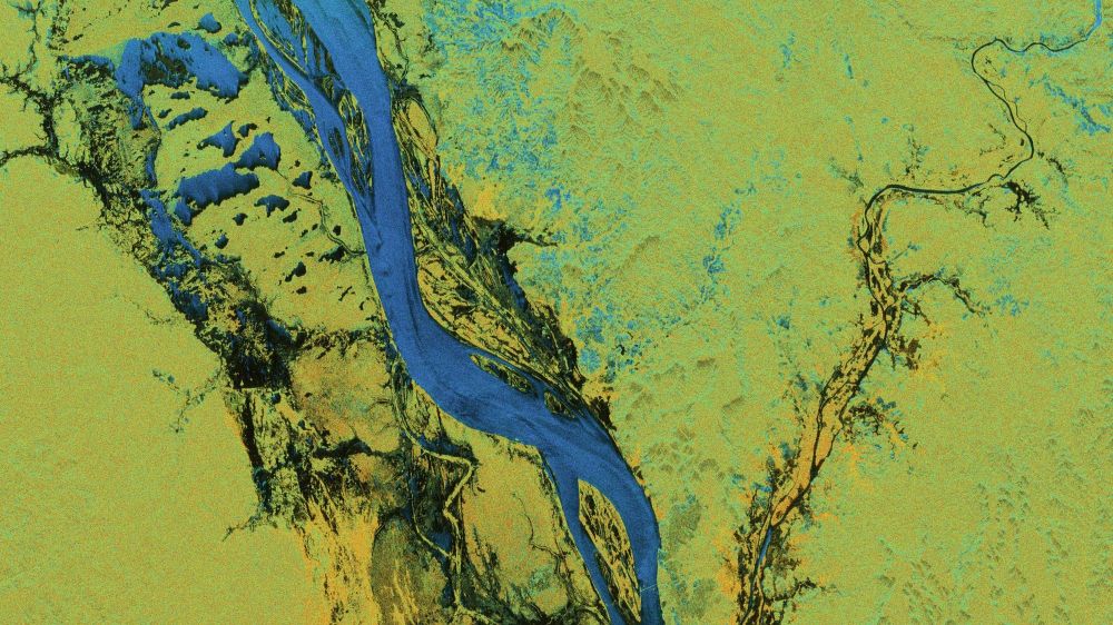 A forest landscape dappled with a mixture of green and red tones indicating different surfaces. A large river weaves across the centre of the image sinuously, while a smaller river cuts across from the other side.