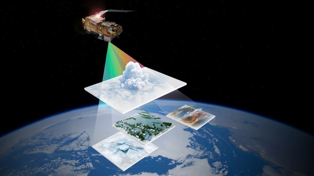 An illustration showing METImage distinguishing between different features, including clouds, ice, water and smoke, using its different spectral channels.