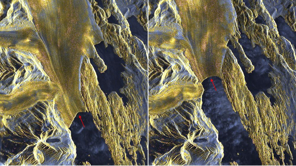 An image of Upsala Glacier in 2008 and 2022, showing the recession of the glacier over time.