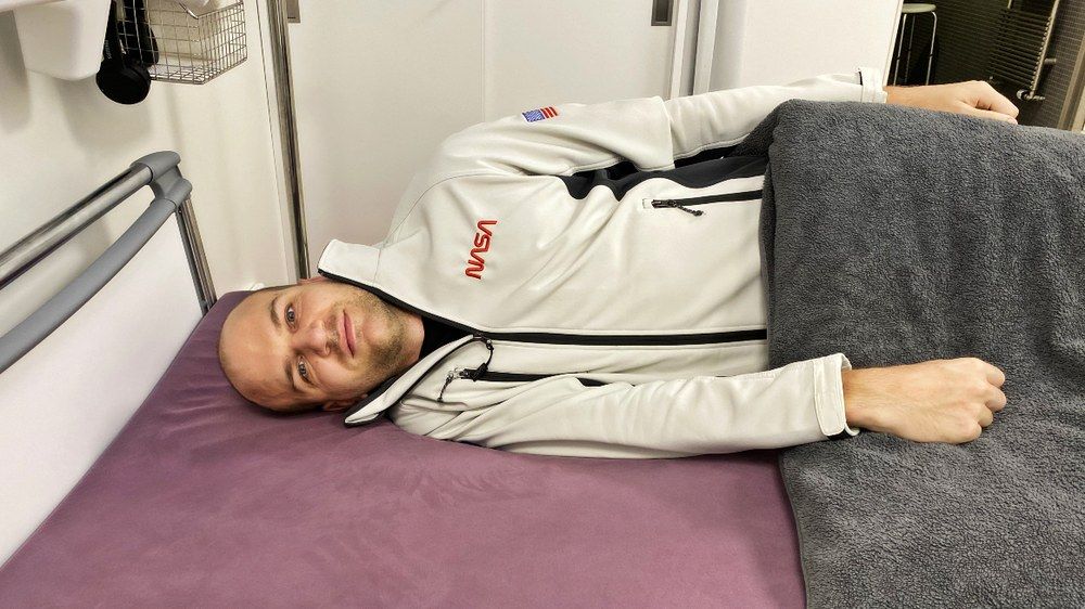Andreas Joshi participating in the bed rest study.