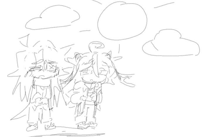 a poorly drawn mspaint image of helses and peril (realm rush) outside on a sunny day,
helses looks like he wants to kill himself and peril is concerned 