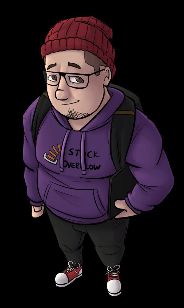 Homem branco e gordinho, ele tem o cabelo raspado coberto por uma touca vermelha, ele tem olhos castanhos cobertos por óculos, está usando um moletom roxo com a estampa de "Stack Overflow", uma calça jeans preta e um tênis AllStar vermelho. Ele leva uma mochila preta nas costas e e segura um notebook com o braço esquerdo.