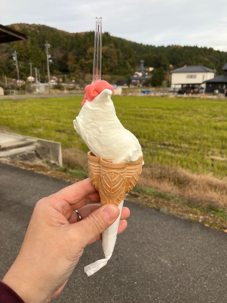 鉄板のプレミアムミルク（シングルコーン）。オマケのひと口は赤崎いちご