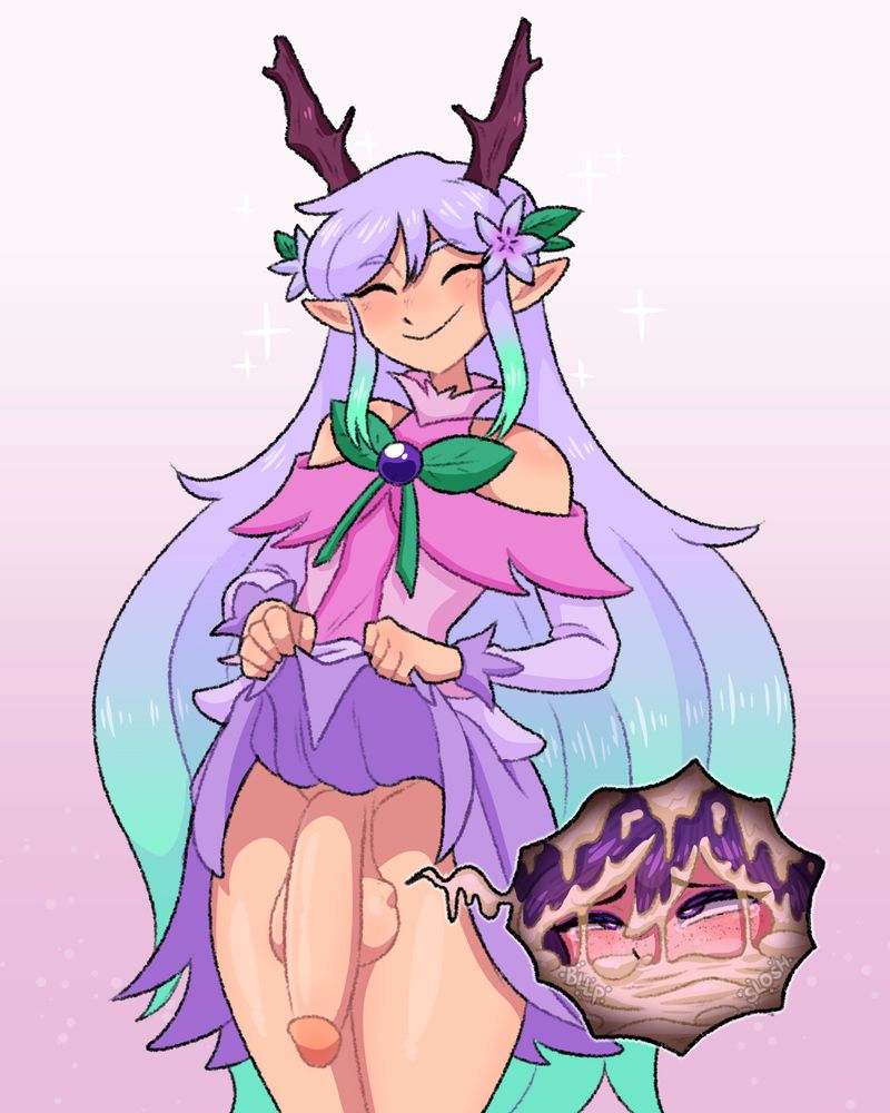 An elven femboy with wooden horns and long lilac hair, wearing a flowery and plant-inspired dress. He lifts up his skirt to reveal his massive, flaccid cock, a bulge from his nuts and a bubble panel revealing Amethyst trapped within them, submerged to her nose in his cum. The elf looks incredibly happy and pleased showing off his length and Amethyst, sparkles floating around his face.