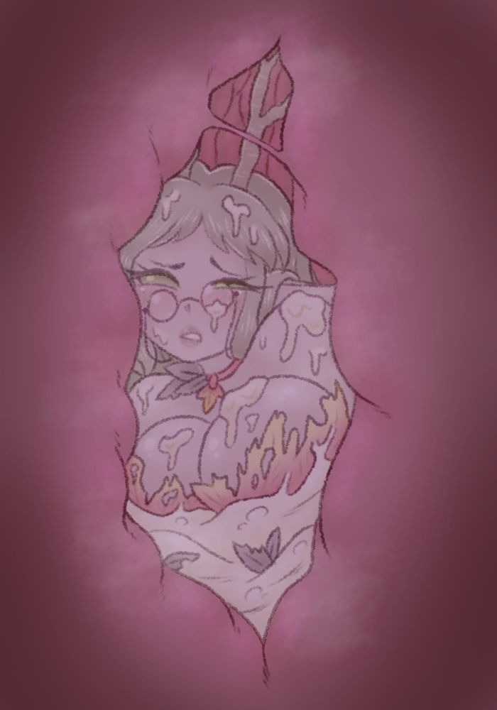 Hazel, a fairy, trapped in someone's nuts. They're being clenched on tightly and their clothes are steadily melting away and falling apart from the gross cum surrounding them.