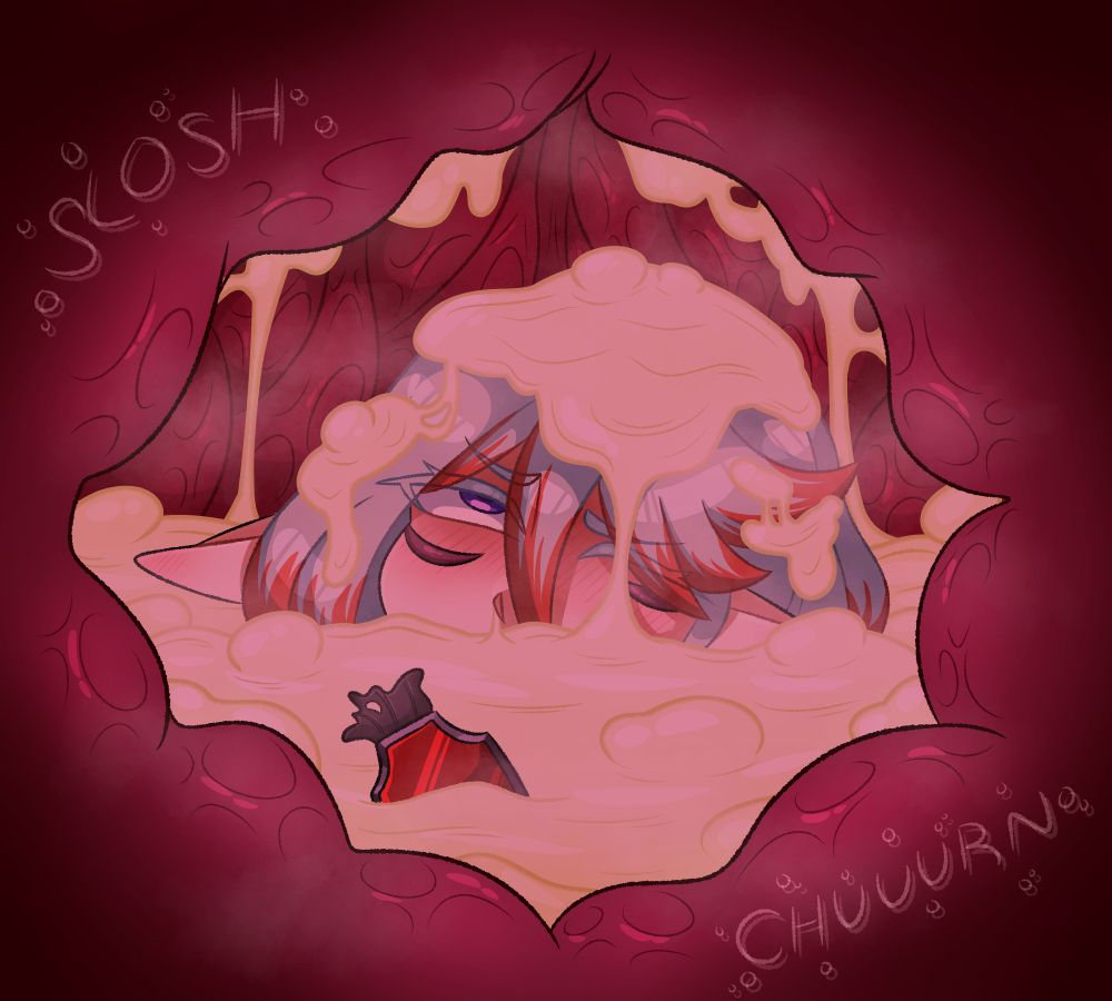 Miria, submerged up to her nose in cum, with an annoyed expression. One of her goggle lenses is slowly sinking into the cum around her, the strap dissolved by the sticky seed~