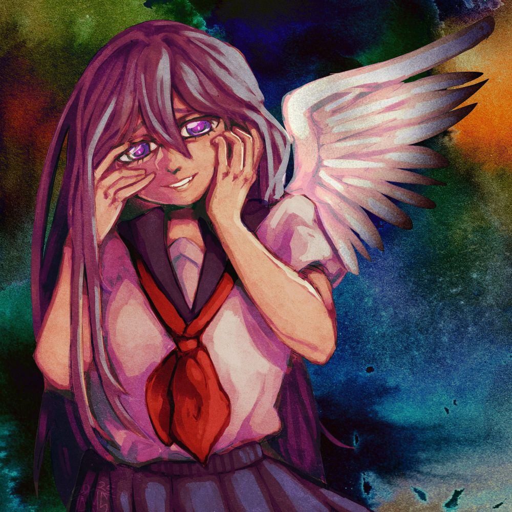 Purple-eyed schoolgirl with blackening wings.