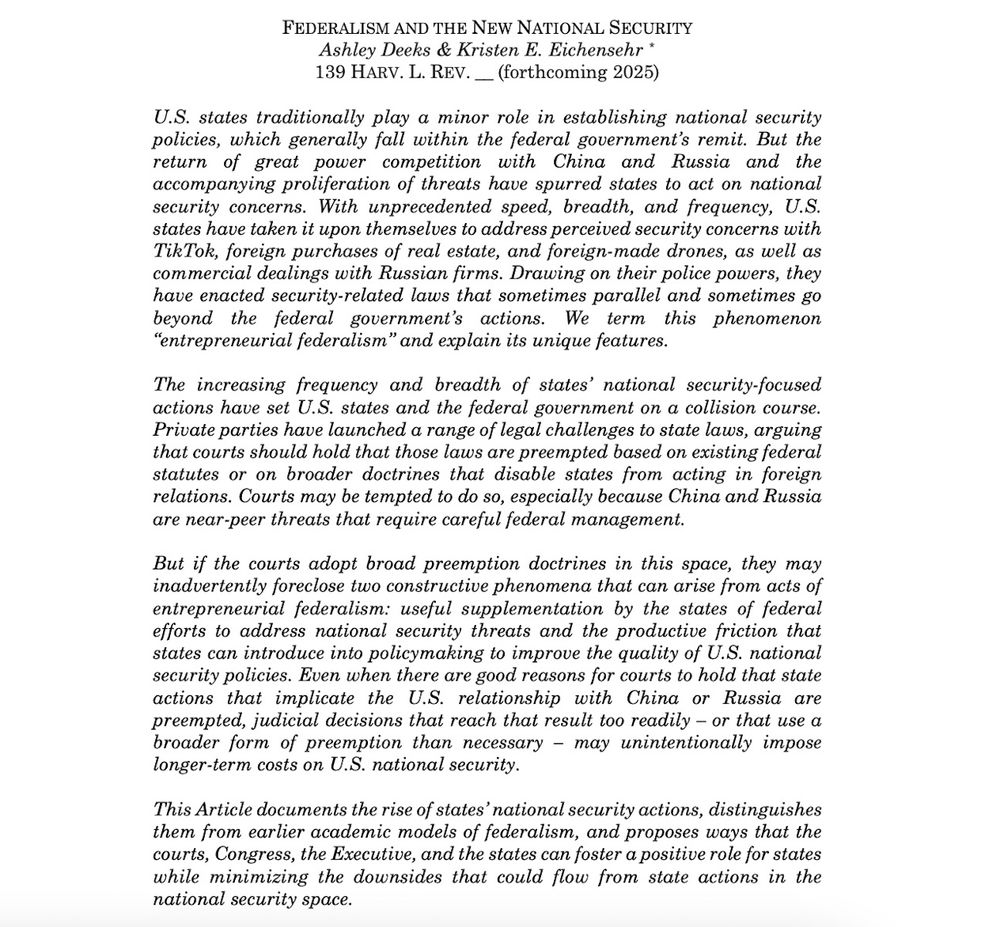 Abstract for article on "Federalism and the New National Security"