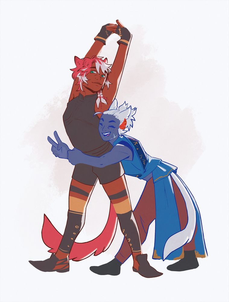 Two miqo'te warriors of light (FFXIV) being good friends.