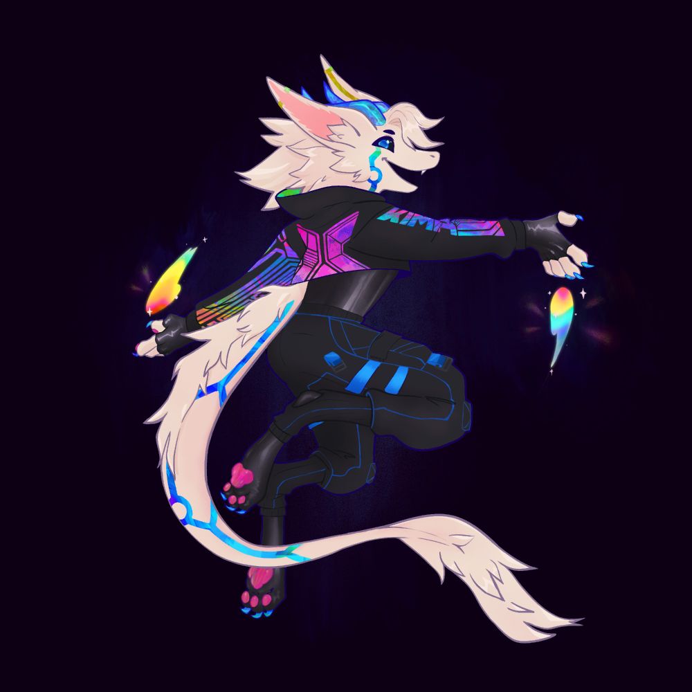 A Nardo character in neon-accented black outfit with leather underneath, holding glowing orbs mid-air against a dark background.
