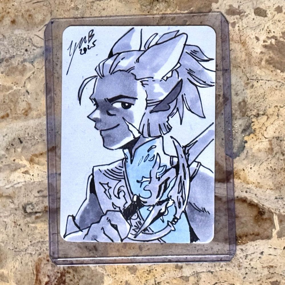 Commissioned illustration of a miqote Warrior of Light, wearking a little smirk while holding his red mage weapon. Illustrated by ByronB.