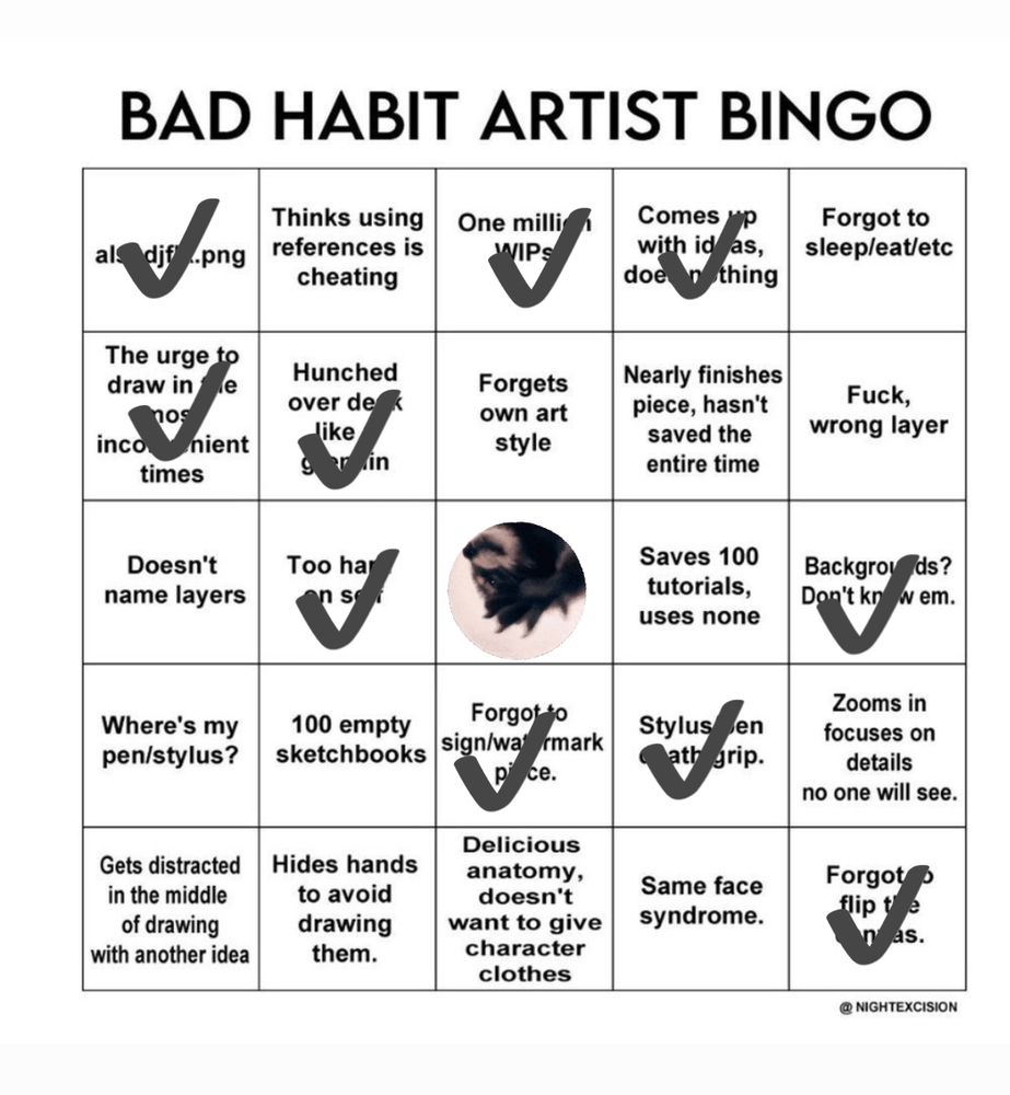 Bad Habit Artist Bingo sheet. A diagonal is filled with checkmarks. The bingo template is created by @NIGHTEXCISION