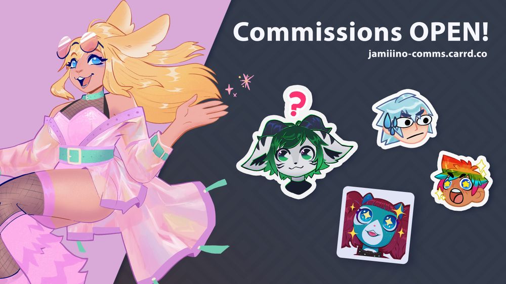 Commission post image showcasing characters and emotes/stickers as examples of jamiiino's artwork. The image includes the text: 'Commissions OPEN!' and a link to jamiiino-comms.carrd.co.