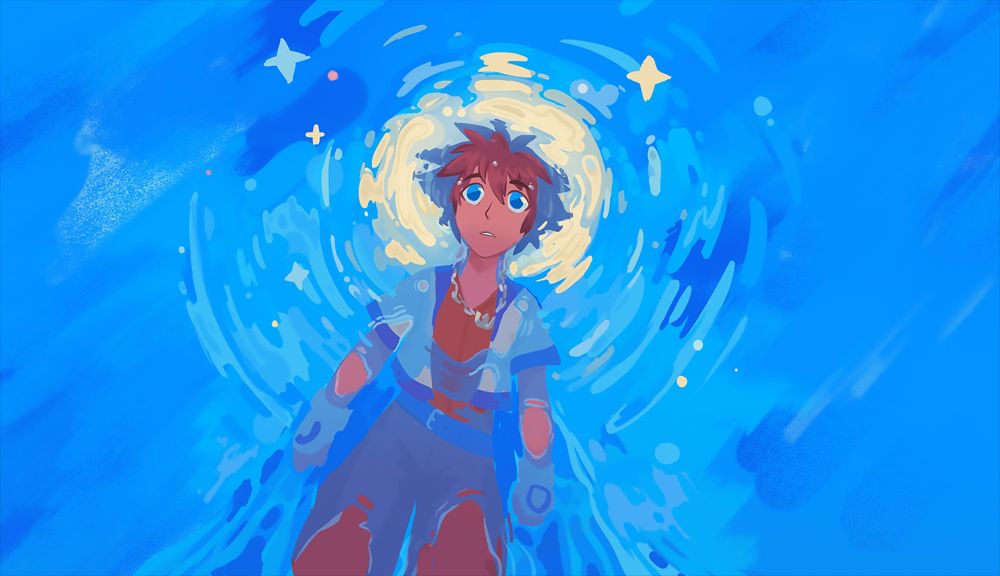 A fanart Sora from Kingdom Hearts, floating in a clear blue sea. He looks up, wide-eyed, as the reflection of a large light casts a sparkling halo behind him.