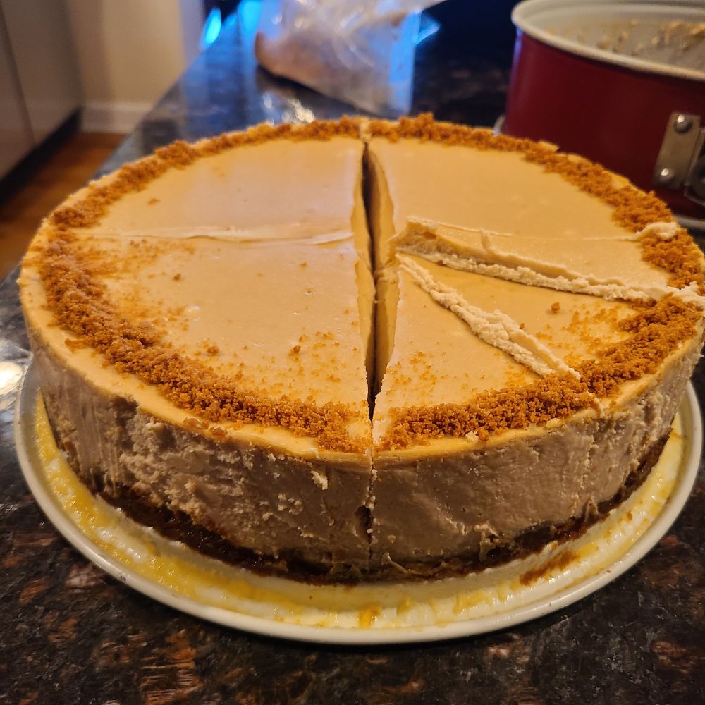 Light brown Biscoff flavored cheesecake with a dark brown crust, and sprinkled with crushed Biscoff cookie around the cake. 