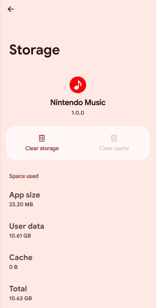A screenshot of the storage settings page for Nintendo Music, showing a total of 10.63 GB of space used