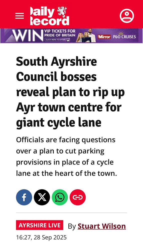 Image of headline from Ayrshire live which says ‘South Ayrshire Council bosses plan to rip up Ayr town centre for giant cycle lane’ 