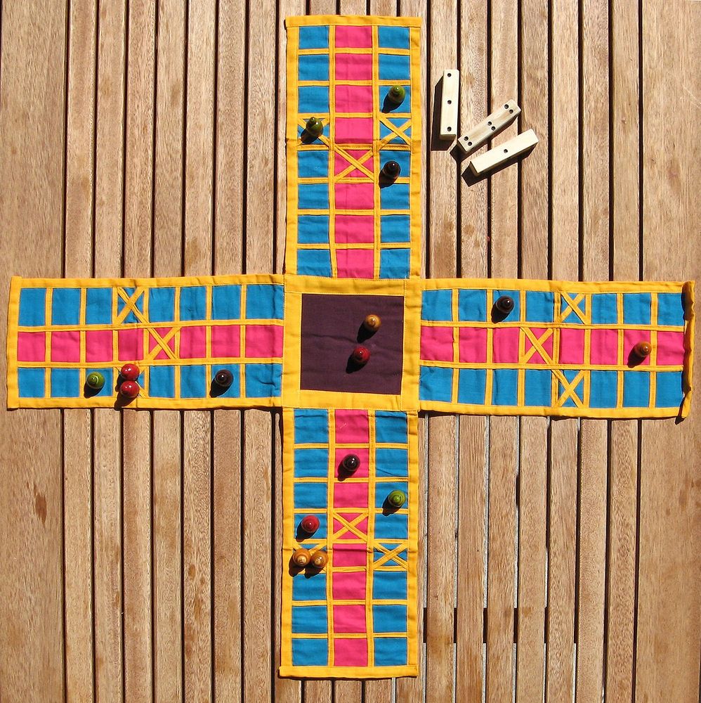 Real Pachisi board in summer light.