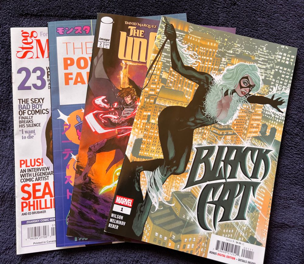 A stack of new comics including Black Cat, The Unchosen, The Power Fantasy and (saving the best for last) Steg Man’s Health (formerly Zdarsky Comic News)