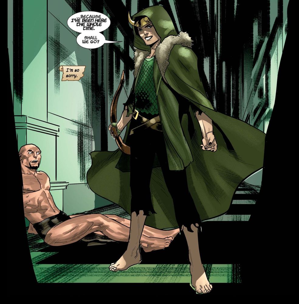 Loki from Marvel comics holding a bow and saying Sam Reich’s catchphrase. 