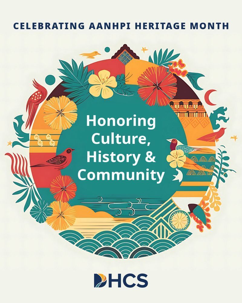 Poster for AANHPI Heritage Month by DHC, featuring stylized graphics representing culture and community, including flora, fauna, and architectural elements.