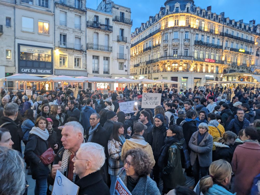 Large crowd with protest signs in Montpellier, France