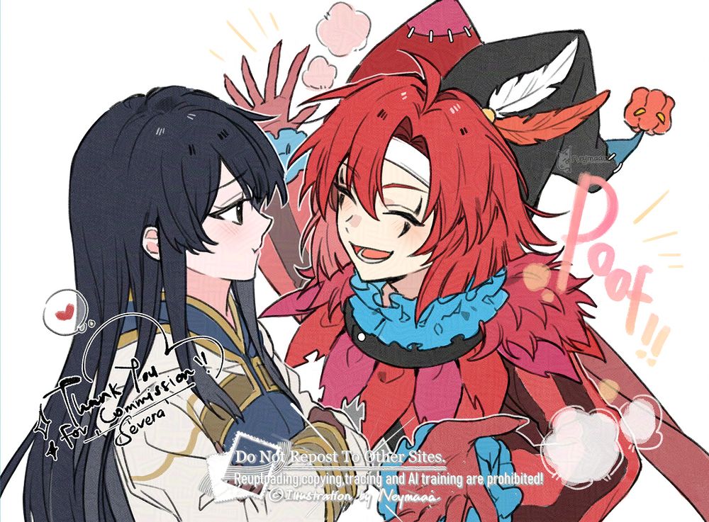 Art of Xane and Vera drawn by Neymaaa (@Neymaaa). Xane just did his transformation with a poof and is smiling playfully at Vera for yet again falling for his little shapeshifting trick. Vera is a little miffed but she clearly isn't upset about being tricked. Her arms are crossed and she is pouting but her gaze is soft. 
