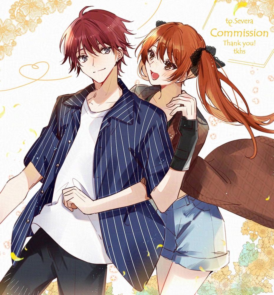 art drawn by tm_mia11 (skeb) featuring Keith and Reanne. Reanne is behind Keith and linking her arm through his and is smiling. Keith is looking back at her with a smile, but has his arm raised as if to make sure Reanne doesn't intrude further into his personal space.