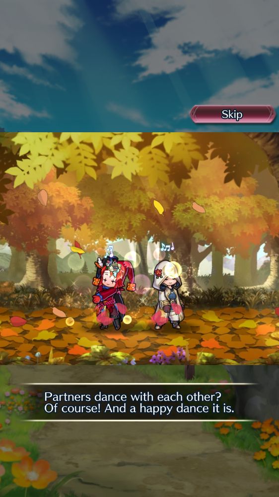 Together, Xane and the summoner dance among the leaves.

Partners dance with each other? Of course! And a happy dance it is.