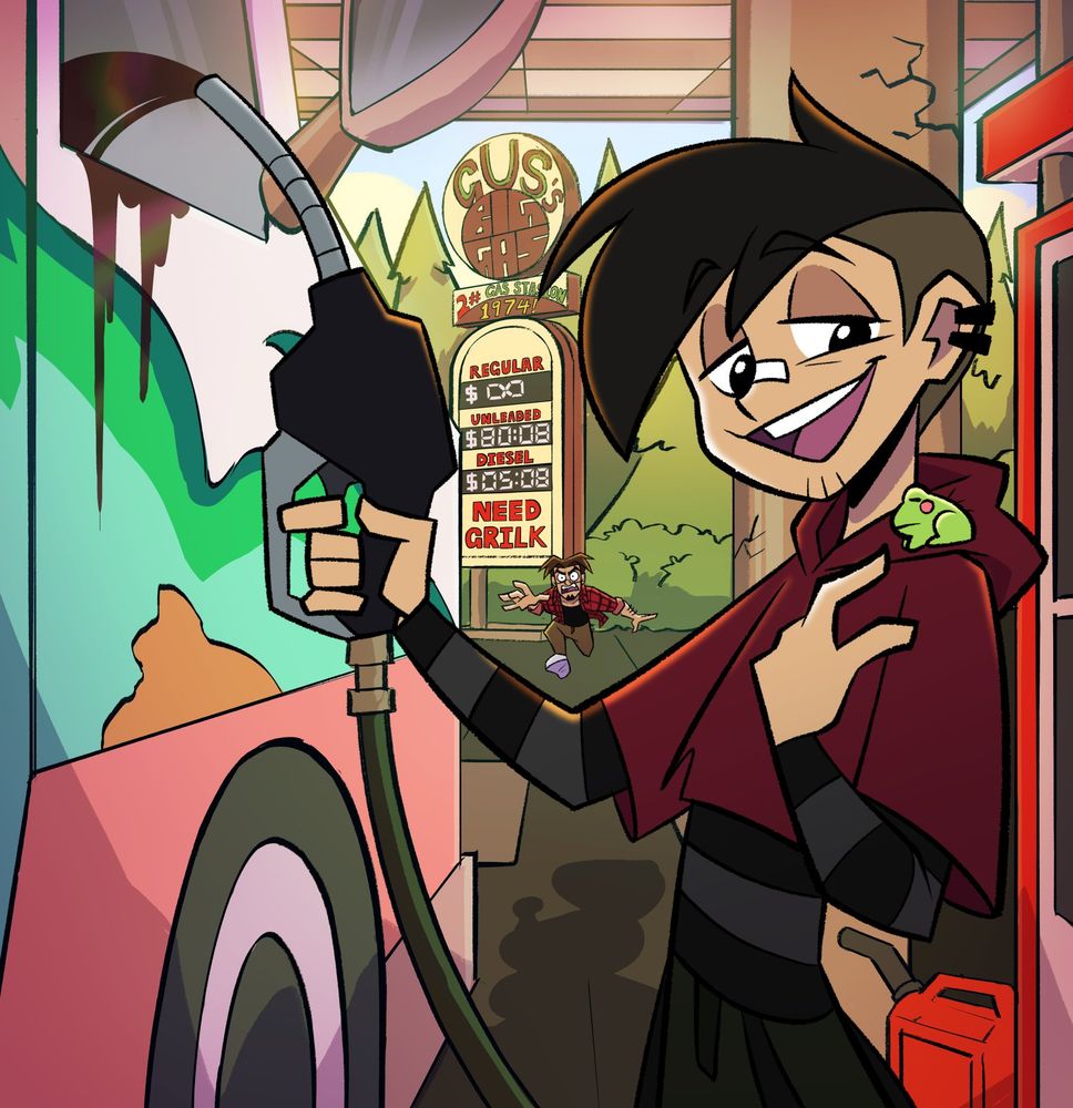 Griff with a little frog on his shoulder pouring gasoline into the ice cream truck window while Warren runs to put a stop to his madness.