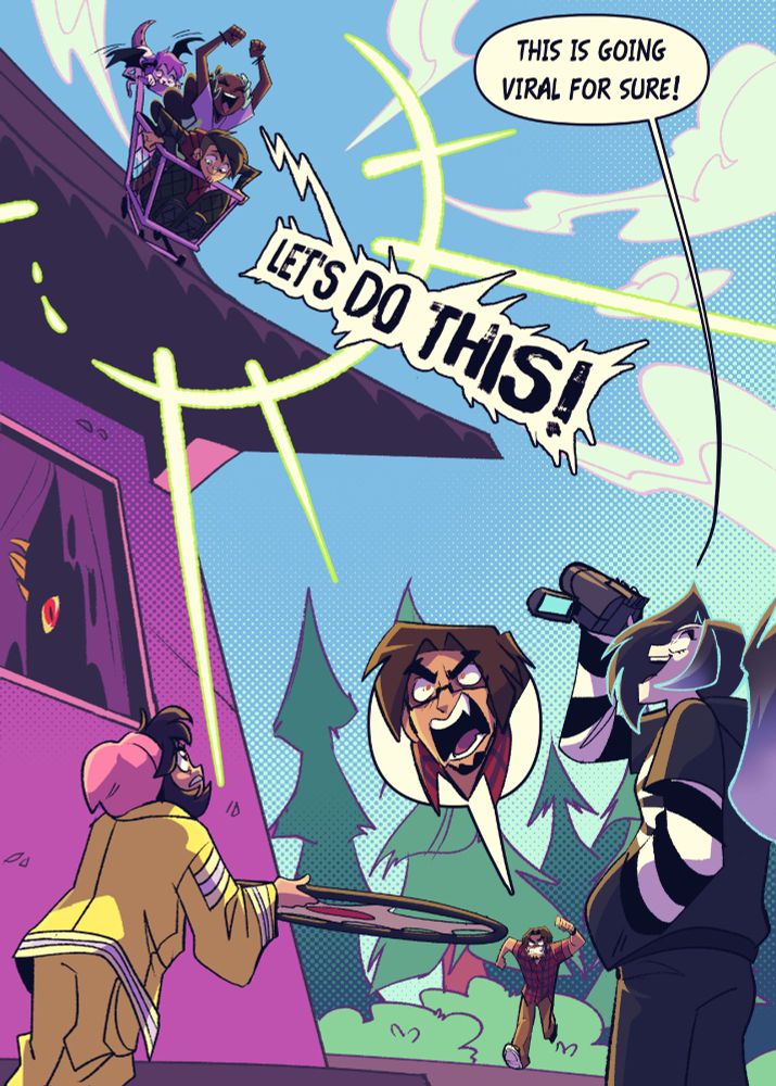 The characters of Piper, Griff and Kira are inside of a shopping cart, about to ride it off of the roof of a mysterious building. Rue is holding a small trampoline in a fireman outfit too small to catch them, while Quinn is filming with a camera in delight. Warren is running over to stop the chaos before it happens.