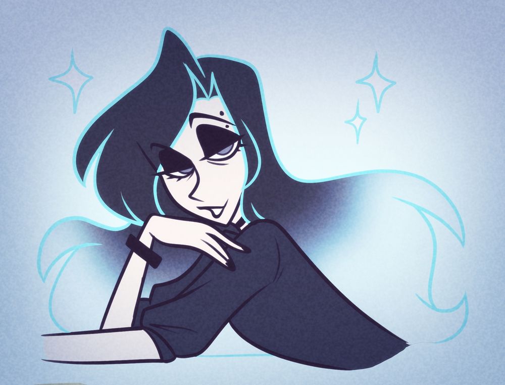 Picture of Quinn staring at the viewer with his eyes half-shut. Their are glittery sparkles around him.