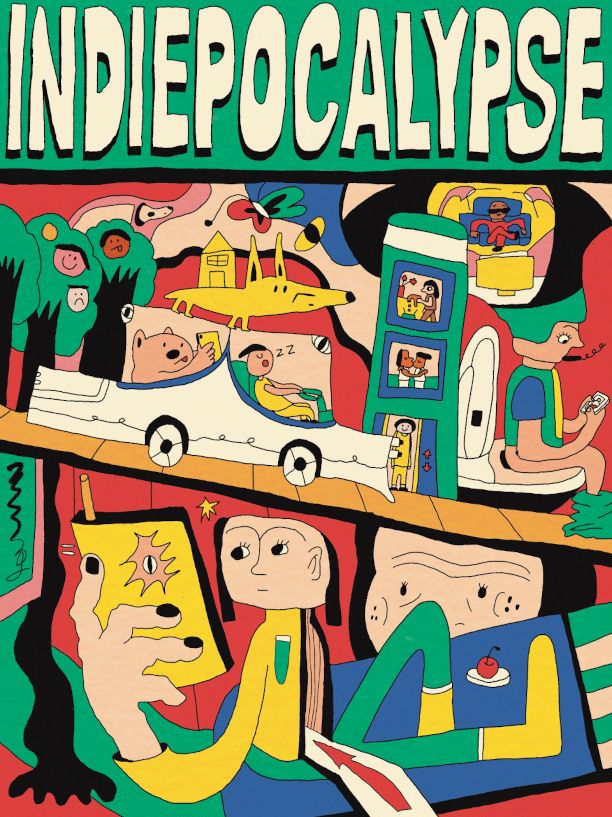 cover for indiepocalypse #65 showing a number of people going about their lives in cutout spaces