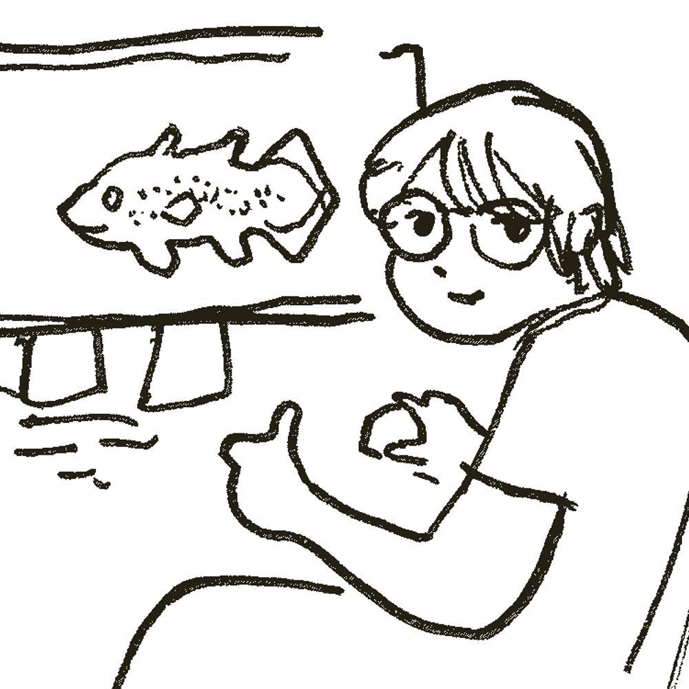 drawing of person looking and giving a thumbs up